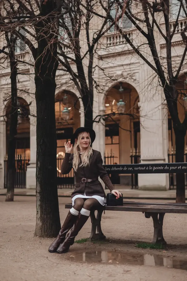 Woman bench Palais Royal Paris autumn portrait