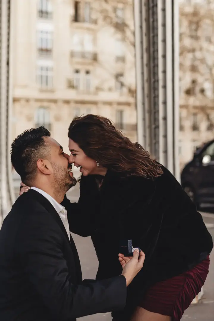 Close up couple after proposal nose to nose Paris